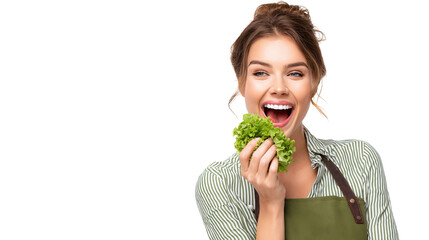 Cheerful woman eating lettuce leaf