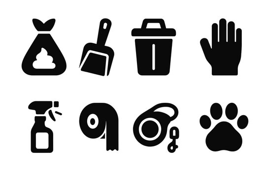 Pet Cleanup Icons. Cleaning up after pets. Filled icon set of cleaning up after pets: poop bag, scoop, trash