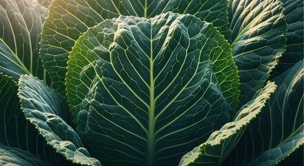 A close up shot of a leafy green vegetable with detailed veins and textures visible