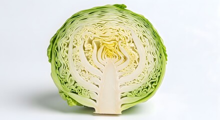 Close up of a halved cabbage showing the layers and textures on a white background