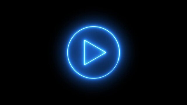 Glowing neon Purple color play button on blue color. Start button. Neon glowing play button. Neon glowing play button with neon circle on black background-