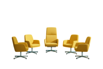 Five yellow modern armchairs arranged in a circular pattern for meeting