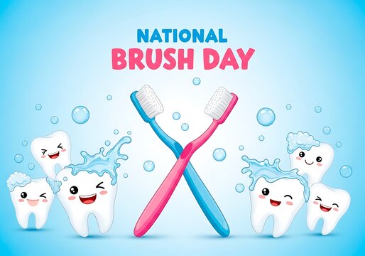 Celebrating national brush day with toothbrushes and happy teeth isolated on white background - Powered by Adobe