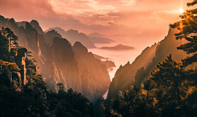 sunset glow over the sea of clouds in  the Huangshan Yellow Mountains China 