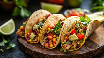 Authentic Mexican soft tacos filled with seasoned meat, fresh vegetables, and avocado