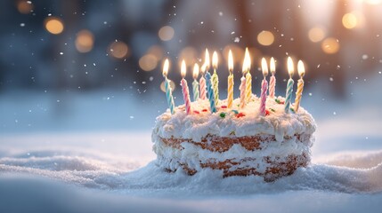 Birthday cake with candles surrounded by winter snow. Winter celebration