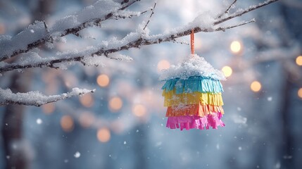 Snow-covered birthday pinata hanging from snowy branch. Festive outdoor
