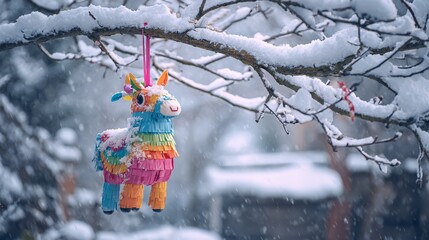 Snow-covered birthday pinata hanging from snowy branch. Festive outdoor