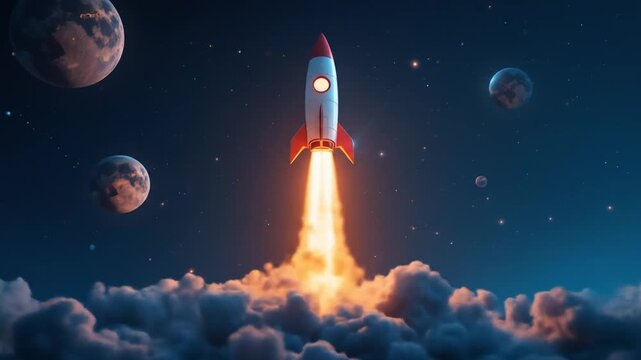 The startup business concept of a rocket being launched into space is similar to a growing business and rapid business success. 4k video