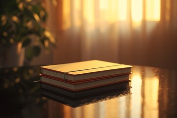 Two notebooks on black table with warm backlight, detailed textures, and cinematic lighting.