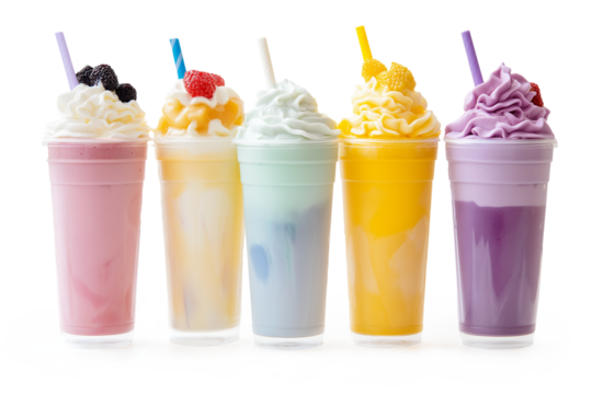 Refreshing summer delights five vibrant smoothie cups showcase seasonal indulgence in a bright outdoor setting captured at eye-level