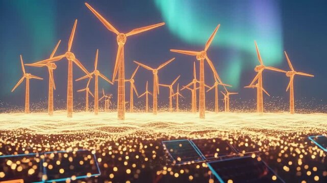Vibrant animated rendering showcasing wind turbines and solar panels for sustainable energy solutions with a modern aesthetic design - Powered by Adobe