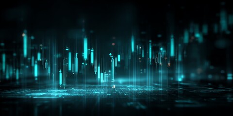 Futuristic digital illustration of stock market candlestick charts glowing in blue tones, representing financial data analysis, trading technology, and investment visualization