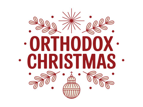 Orthodox Christmas greeting with festive ornaments and branches on a white background