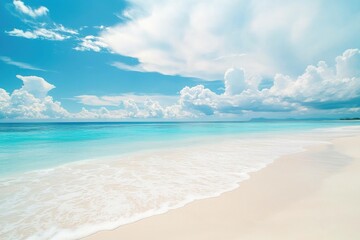 Tropical beach with white sand, turquoise sea, and bright sky filled with soft clouds, ideal for summer travel, vacation posters, and relaxation background designs