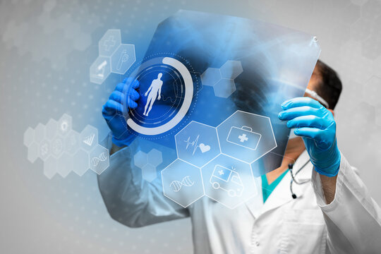 Medical professional examines digital health information with advanced tech interface