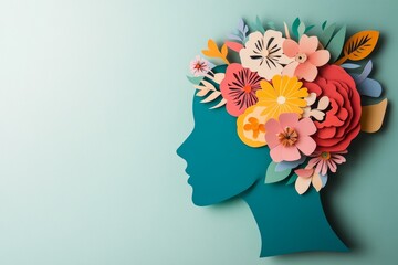 Human head silhouette with blooming flowers inside symbolizing positivity and mindfulness growth through clean lines and natural elements