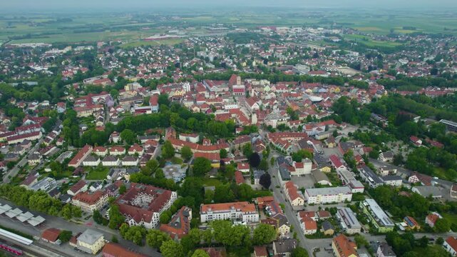 Aerial panoramic view of the city and old town of Erdingen, Bavaria in Germany on a sunny day in summer.