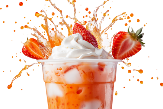 Refreshing strawberry splash drink kitchen counter food photography bright environment close-up view summer vibes