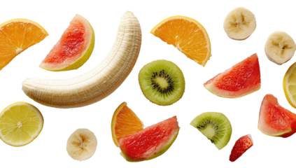 Assorted sliced fruits arranged in a horizontal design.  Slices of banana, orange, grapefruit, kiwi, watermelon, and lemon are visible.  Vibrant colors