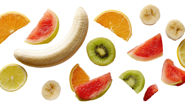 Assorted sliced fruits arranged in a horizontal design.  Slices of banana, orange, grapefruit, kiwi, watermelon, and lemon are visible.  Vibrant colors