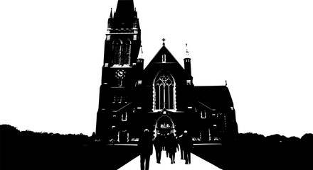 Obraz premium Silhouette of a church with people walking towards the entrance in black and white 
