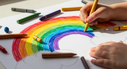 Child drawing a colorful rainbow with crayons on a white paper sheet