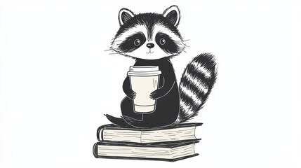 Minimal monochrome raccoon perched on stacked books sipping hot coffee