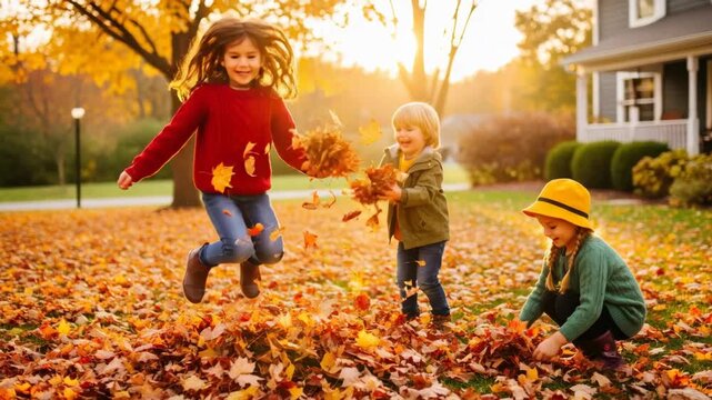 Two girls and a boy playing in a pile of fallen autumn leaves outdoors. Happy kids throwing up golden foliage for Thanksgiving Day.