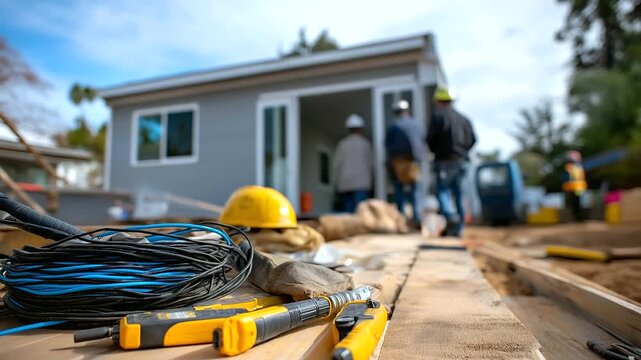 Workers performing final inspection on a nearly completed modular home, tools and cables visible, faceless and defocused foreground, calm neutral tones, with copy space.