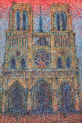 Pointillist watercolor of the Notre-Dame Cathedral in Paris, inspired by Victor Hugo&rsquo;s &ldquo;The Hunchback of Notre-Dame.&rdquo; Vibrant dots depict the iconic Gothic fa&ccedil;ade