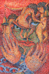 Pointillist watercolor of Quasimodo in chains, with three women symbolizing the cathedral bells&mdash;the allegory of the Three Marys. Inspired by Victor Hugo&rsquo;s The Hunchback of Notre‑Dame.