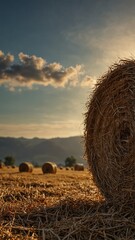 Hay bales in golden field at sunset with mountains in background