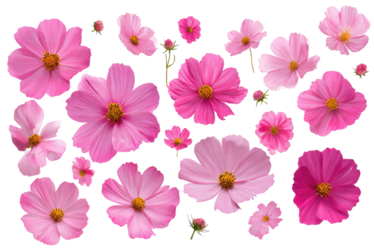 Pink cosmos flowers, arranged in a cluster.  Various sizes and shades of pink.  Outlined with a thin, white line