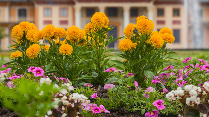 Close-up of upright African marigold (Tagetes erecta) with small-flowered petunias in the foreground, showing vibrant summer garden blooms.
