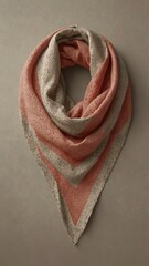 Triangular wool scarf in pink and beige on neutral background