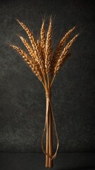 Bundle of dried wheat stalks against dark textured background