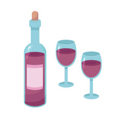Wine bottle with glasses. Vector Illustration for printing, backgrounds, covers and packaging. Image can be used for greeting cards, posters, stickers and textile. Isolated on white background.