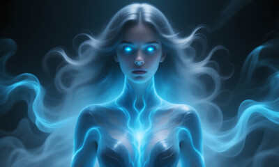 Naklejka premium Ethereal Woman with Glowing Blue Eyes and Energy Aura in Dark Mystical Setting