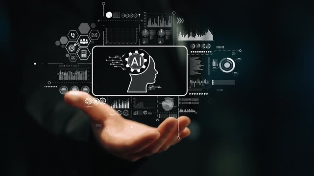 Hand Holding Digital Interface with Artificial Intelligence Concept and Data Visualization Elements. Asymptotic smart data analytic.