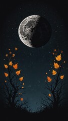 Autumn leaves rising toward half moon in dark night sky