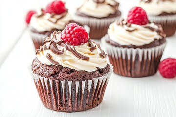 Chocolate Cupcakes with Vanilla Frosting, Chocolate Shavings, and Fresh Raspberries
