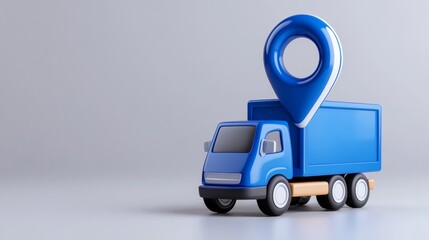Clean Lines icon of a location pin and truck on white background with blue grey colors 3D render simple shapes