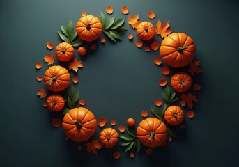 Fototapeta premium Autumn pumpkin wreath adorned with leaves and berries