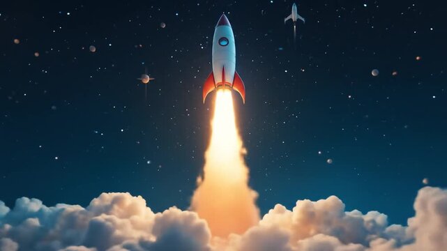 The startup business concept of a rocket being launched into space is similar to a growing business and rapid business success. 4k video
