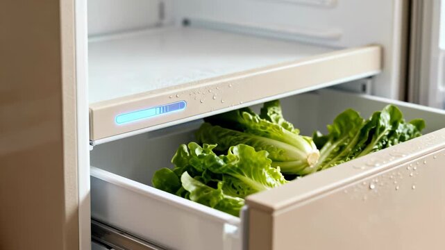 Close-up of a smart refrigerator crisper drawer with lettuce and a glowing blue humidity control bar
