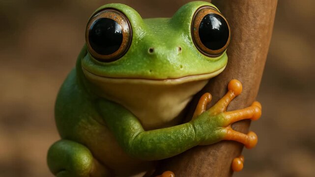 Green frog clings to branch in a lush natural habitat showcasing vibrant colors and incredible detail during midday sunlight