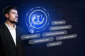 Lawyer offering legal services through digital interface in modern office setting