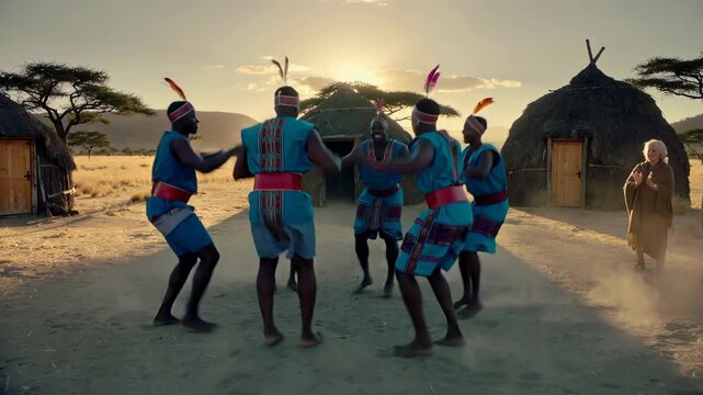 village performers under sunset glow, sunset backdrop highlights vibrant tribal dance and community unity, elderly villagers and drummers observe colorful dance display with warm cinematic