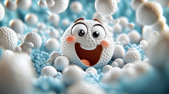 A golf ball with animated eyes and a cheerful smile peeks out from a pile of white golf balls. The image radiates humor, charm, and playful creativity.